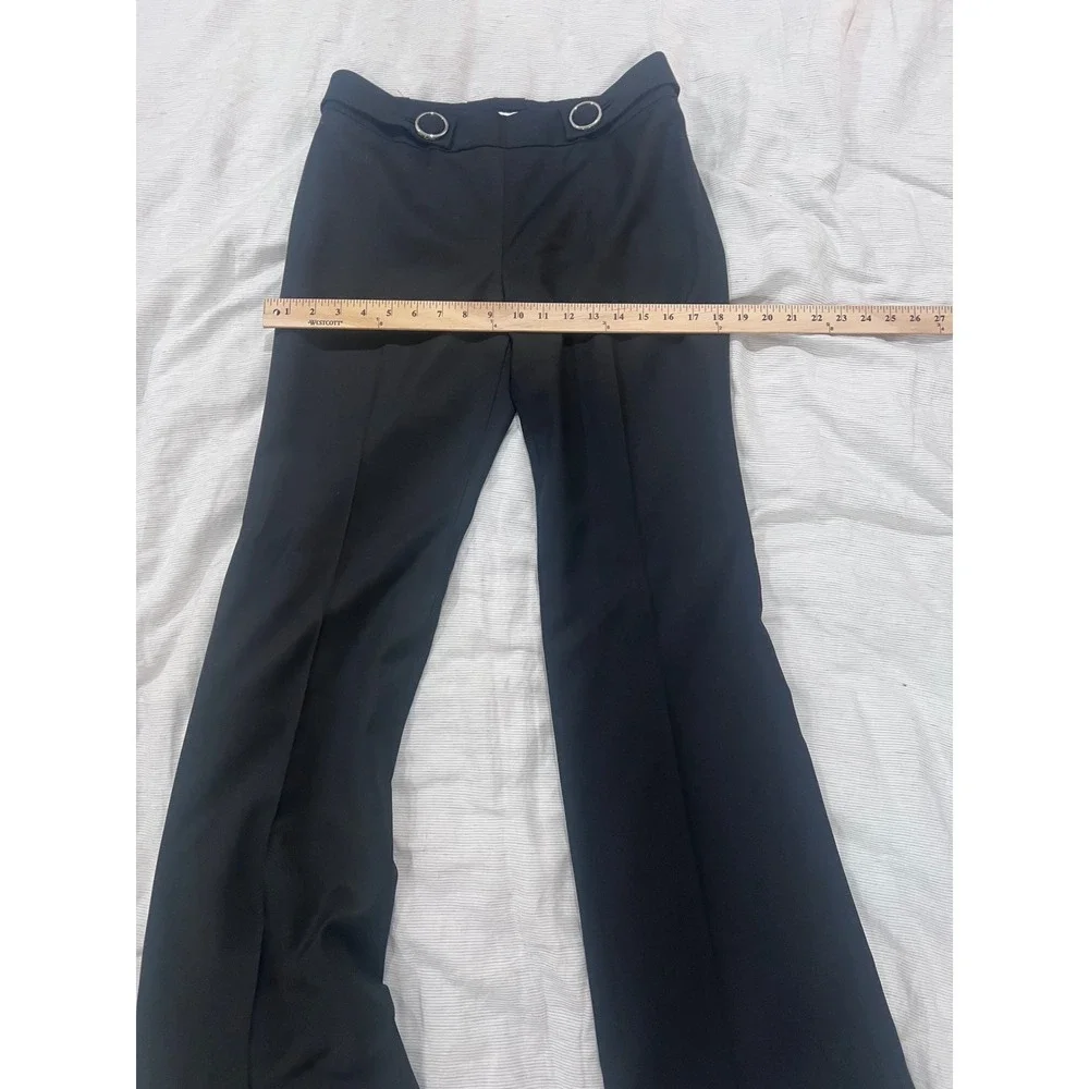 Tory Burch Black Wool Blend Cuffed Trousers Silver Logo Ring Detail Size 6